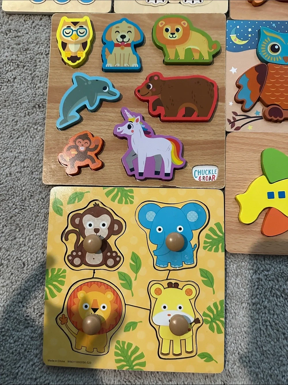 Lot of Wooden Animal & Vehicle Chunky Puzzle Set for Kids - Multicolor